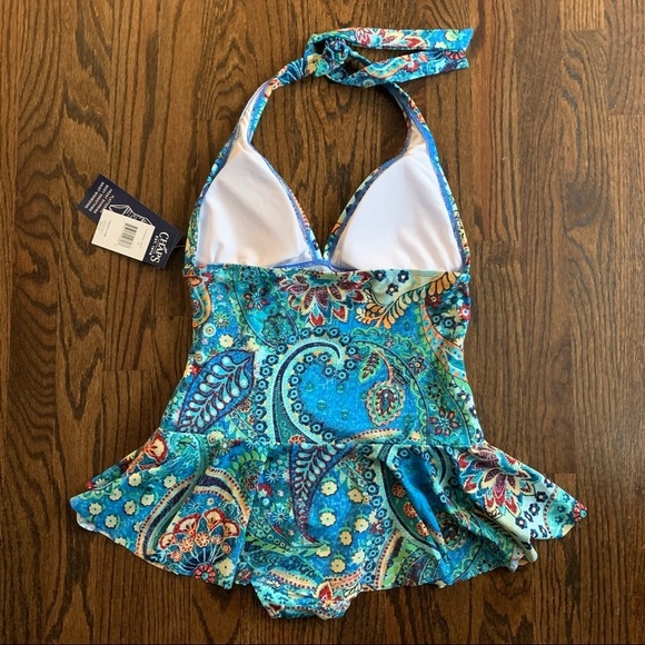 NEW Chaps Blue Paisley Print Skirted Halter One Piece Swimsuit Size 10 - Picture 4 of 6